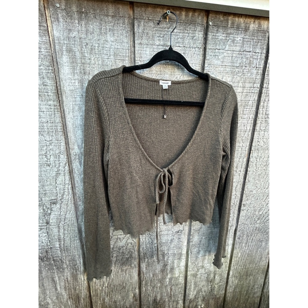 Garage Women L Brown Ribbed Tie Front Cardigan Y2K Lettuce Hem Crop soft grunge